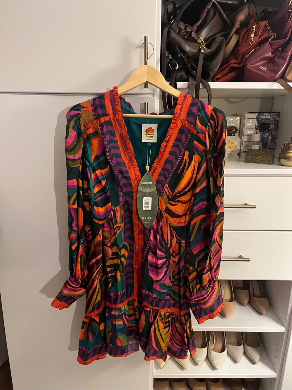 FARM Rio Colorful Abstract Ruffle Dress — Orange, Pink, Teal, Purple, Black